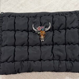 Black Quilted Clutch with Bull Skull Embellishment